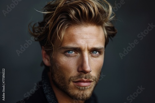 Handsome man with striking features and tousled blond hair, exuding strength and casual elegance