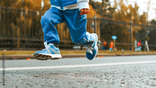A child in blue training suit and sport shoes running on a track, legs up in the air, like flying