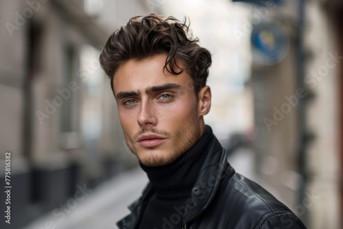 Close-up portrait of a stylish handsome man with curly hair and piercing blue eyes on urban background