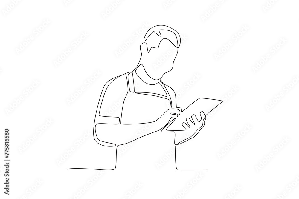 The male waiter is looking at the order.Business small one-line drawing The male waiter is looking at the order.Business small one-line drawing