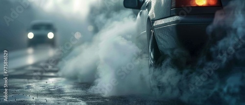 Rear view of a car with exhaust smoke on a rainy street, evoking the atmosphere of urban life and weather impact on driving conditions.