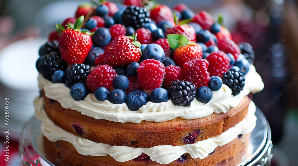 Fresh berries nestling atop a creamy frosting layer on a birthday cake.