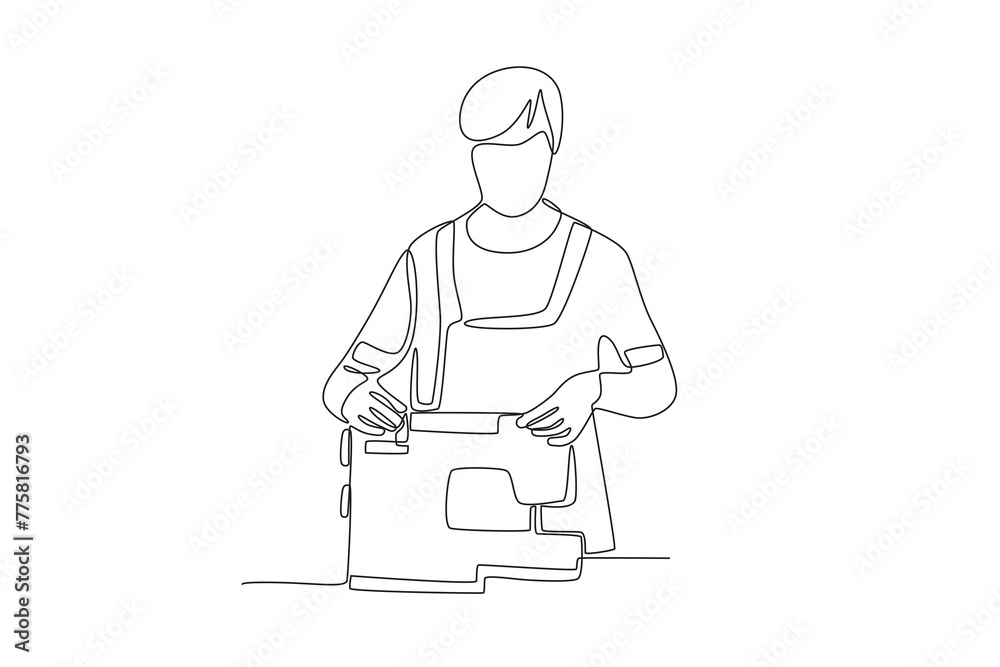 Female seamstress is preparing sewing tools.Business small one-line drawing
