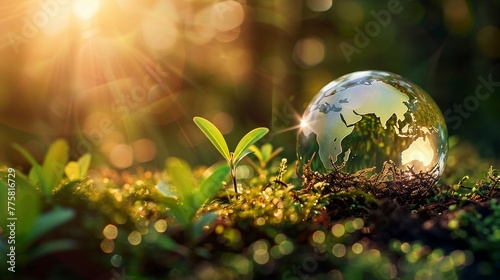 Young plant sprouting from a globe on fertile soil against a sunlit background symbolizing growth and sustainability.