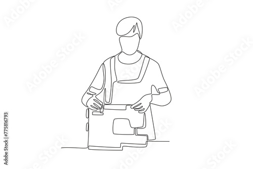 Female seamstress is preparing sewing tools.Business small one-line drawing