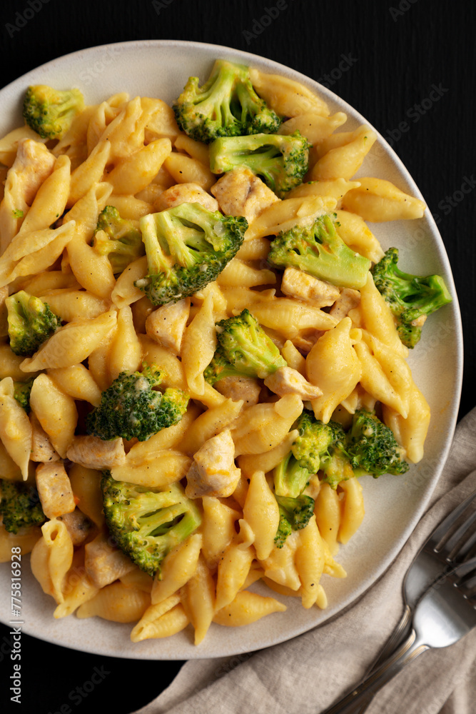 Homemade Cheesy Chicken And Broccoli Pasta on a Plate, top view. Close-up. Homemade Cheesy Chicken And Broccoli Pasta on a Plate, top view. Close-up.