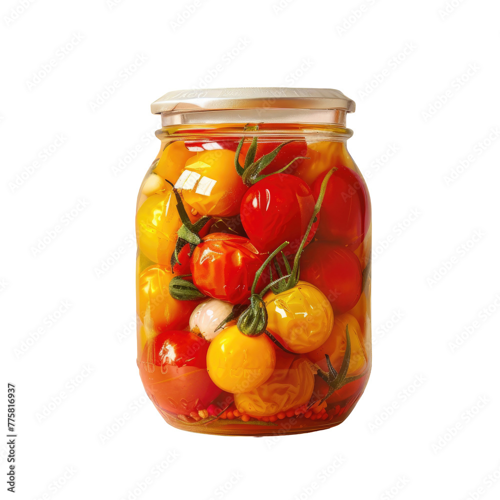 Glass jar containing assorted tomatoes and peppers Glass jar containing assorted tomatoes and peppers