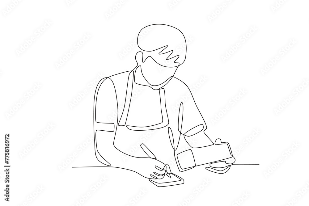 The business owner is recording the address of the package to be sent.Business small one-line drawing