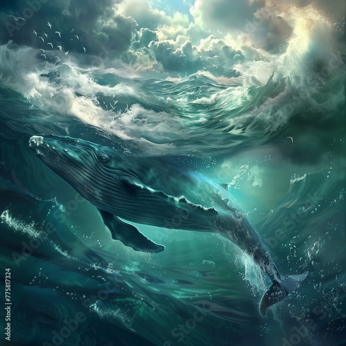 Humpback whale swimming in the ocean, fantasy art style © Наталья Мирошниченко