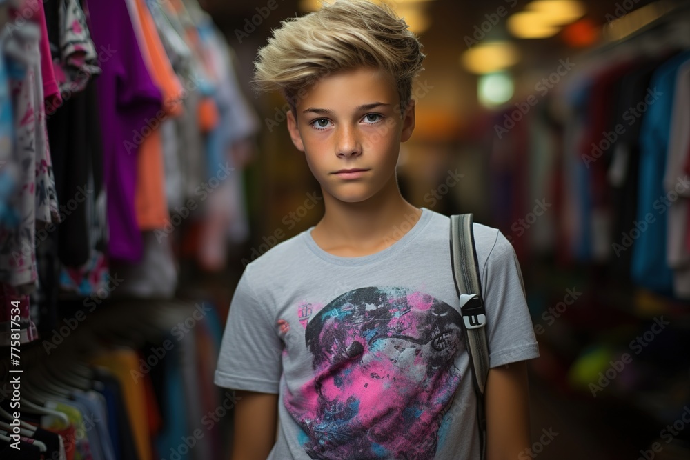 A young man stands in a clothing store, wearing a shirt with a face on it