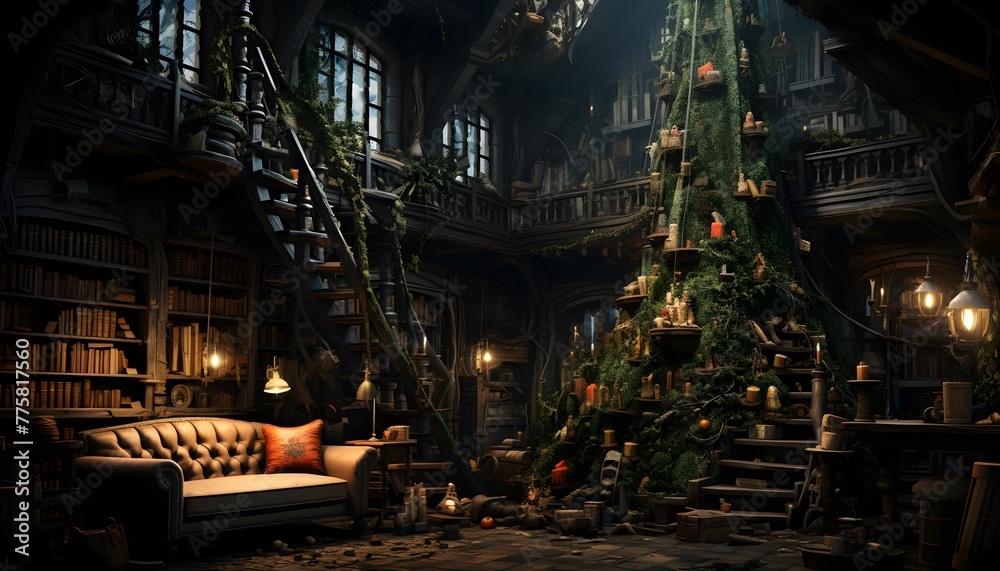 Christmas tree in the interior of the old house. 3d render