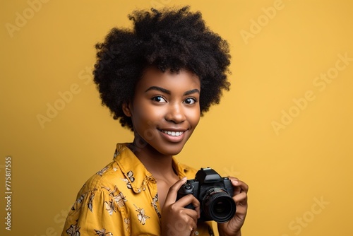 A woman with curly hair is holding a camera and smiling © Juan Hernandez