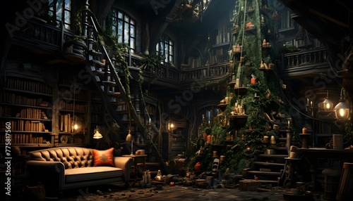 Christmas tree in the interior of the old house. 3d render
