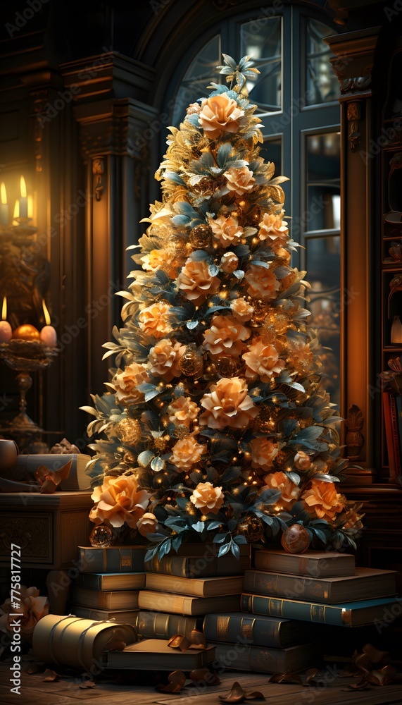 Christmas tree with gifts in the interior of the house. 3d render