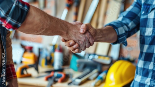 Sealing a Home Renovation Deal - A pleased homeowner and contractor shaking hands, illustrating professionalism and commitment to quality craftsmanship. © Postproduction