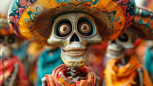 A skeleton figurine wearing traditional Mexican clothing and a wide-brimmed hat decorated with flowers symbolizes the Day of the Dead holiday. Mexican culture