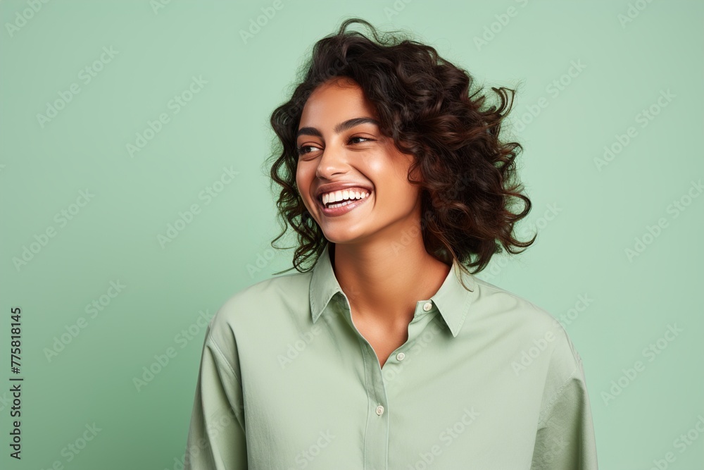 A woman with curly hair is smiling and wearing a green shirt A woman with curly hair is smiling and wearing a green shirt