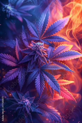 Cannabis leaves. Large leaf of cannabis plant in purple light. Cannabis marijuana foliage with a purple pink tint.