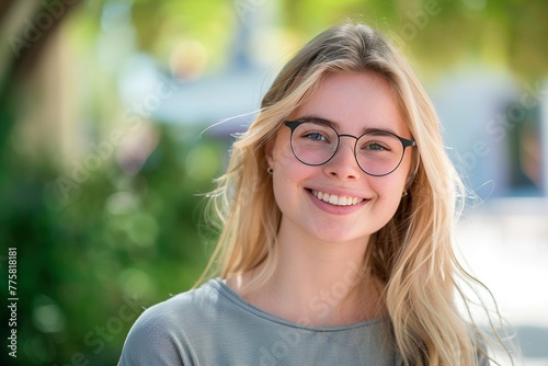 A woman with blonde hair and glasses is smiling