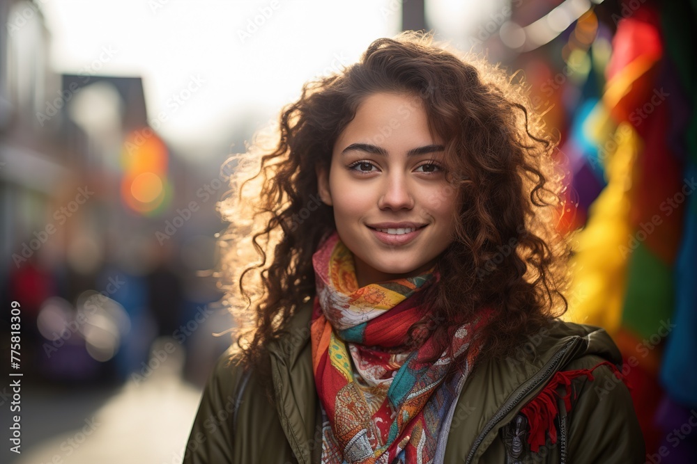 A woman with curly hair is smiling and wearing a scarf A woman with curly hair is smiling and wearing a scarf