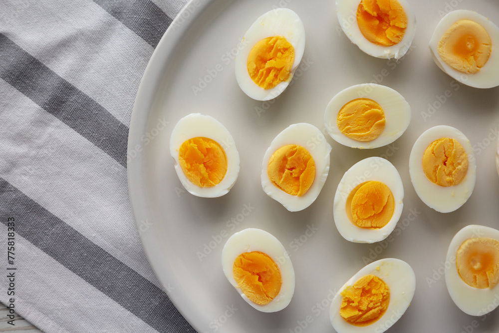 Cooked Hard Boiled Eggs on a Plate, top view. Cooked Hard Boiled Eggs on a Plate, top view.