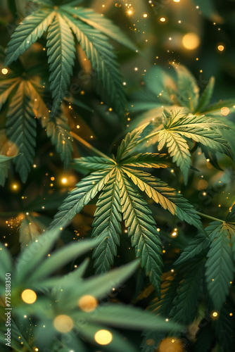 Sunrise rays, over cannabis leaves golden light