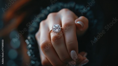 Diamond gleaming against soft skin and black velvet. Elegant jewelry editorial.