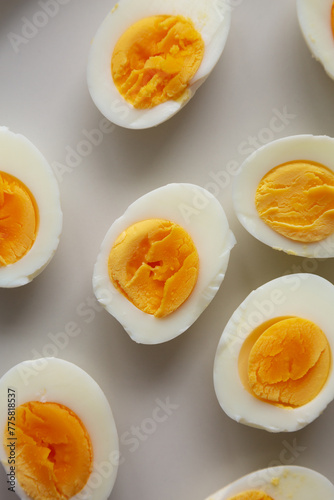 Cooked Hard Boiled Eggs on a Plate, top view. Close-up.