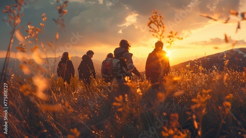 Group of Teens in Nature: Blurred movements against stunning mountain sunset backdrop photo