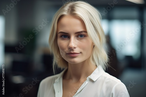 A blonde woman with a white shirt and blue eyes