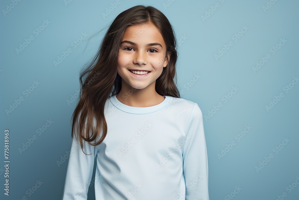 A young girl with long brown hair is smiling and wearing a blue shirt A young girl with long brown hair is smiling and wearing a blue shirt