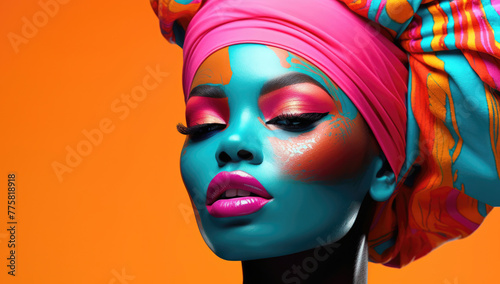 Vibrant portrait of a woman with striking blue and orange makeup and a colorful headwrap against an orange backdrop. © Sascha