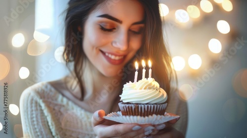 A young woman with a candlelit cupcake. Celebration of Happiness, Birthday Party