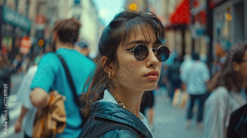 Crowded urban street corner with stylish young woman. Charismatic pose amidst bustling life.