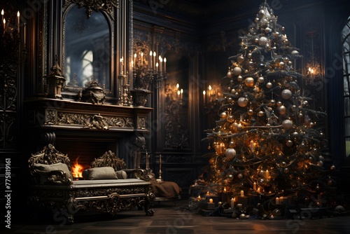 New Year's interior with a Christmas tree and a fireplace. Panorama