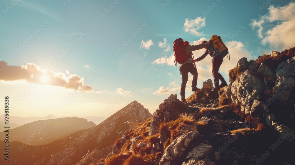 Heartwarming mountain trail moment. Hiker assists friend amidst alpine scenery. Themes of perseverance and friendship.