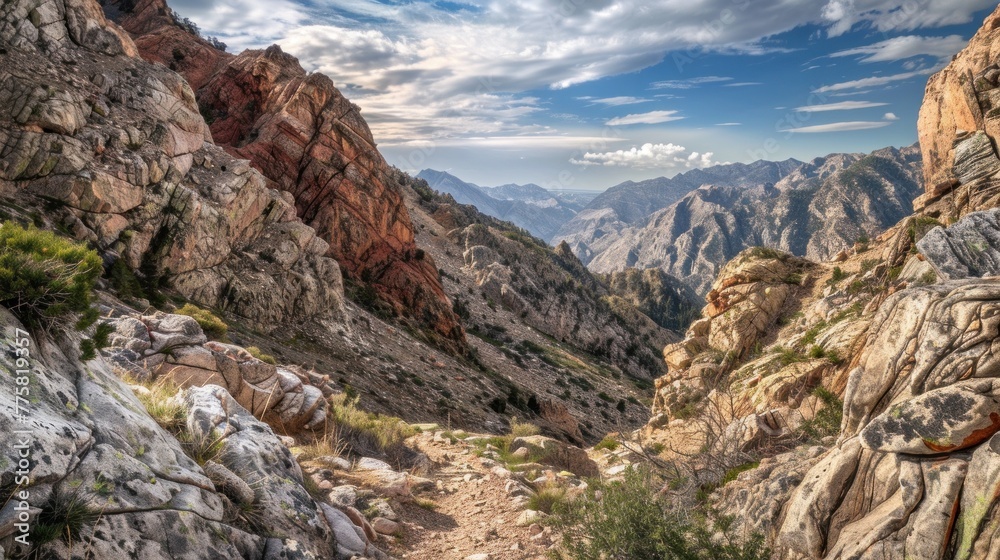 Path to Mountain Top: A narrow trail snakes up rocky slopes, offering glimpses of breathtaking vistas, evoking exploration. Wilderness photography.