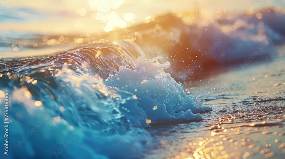 Blue wave on the beach. Blur background and sunlight spots. Dramatic natural background, Serene Blue Sea and Mesmerizing Waves in Bokeh Magnificence,waves on the surface of clear water