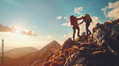 Heartwarming mountain trail moment. Hiker assists friend amidst alpine scenery. Themes of perseverance and friendship. © Postproduction