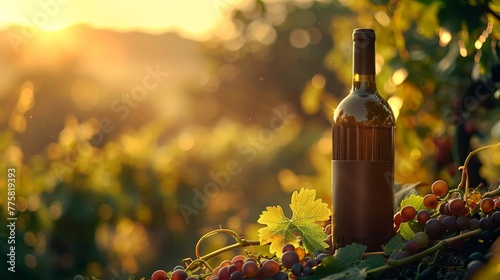 Sunlit wine bottle with lush grape backdrop