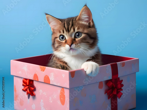 Cute Adorable Kitten Playing Around In A Gift Box Christmas Birthday Surprise Gift Isolated Background Copy Space