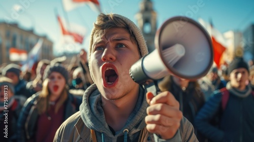 Strike concept with young man shouting at protest. Determined activist amidst demonstrators. © Postproduction