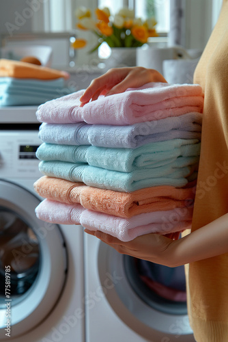Woman holding soft fresh folded clean towels after cleaning in washing machine and ironing photo