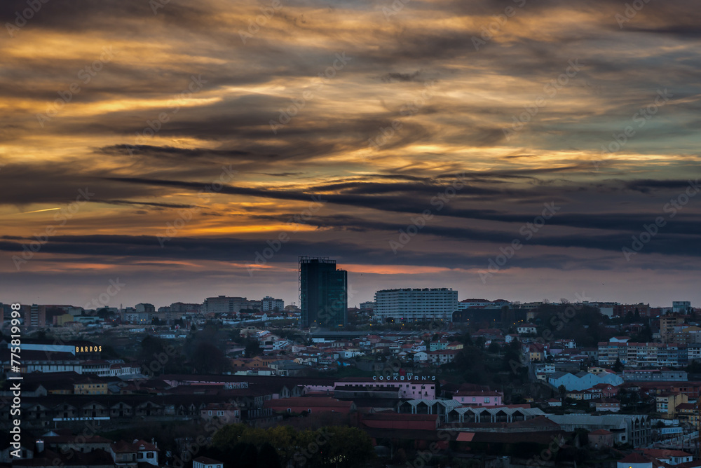 Sunset over Vila Nova de Gaia city, Portugal