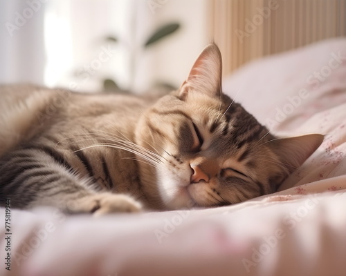 Cute cat sleeps in bed. Pets concept in pastel colors photo