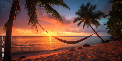 A solitary hammock swaying gently between two palm trees on a tropical beach at sunset.