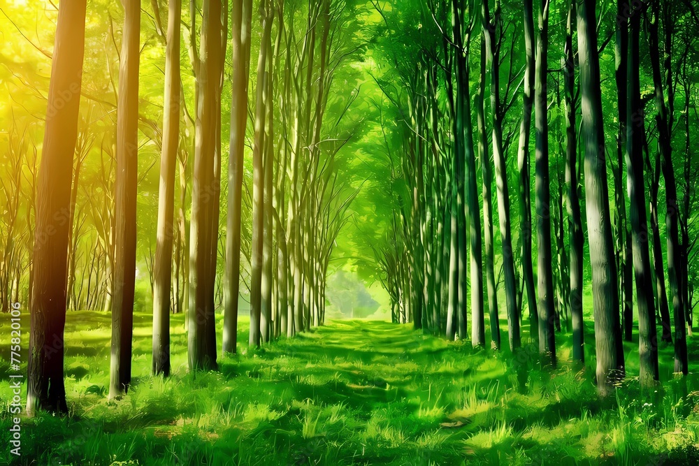Background of dense green tree forest with beautiful sunlight penetrating the sides of green trees in a natural landscape Background of dense green tree forest with beautiful sunlight penetrating the sides of green trees in a natural landscape