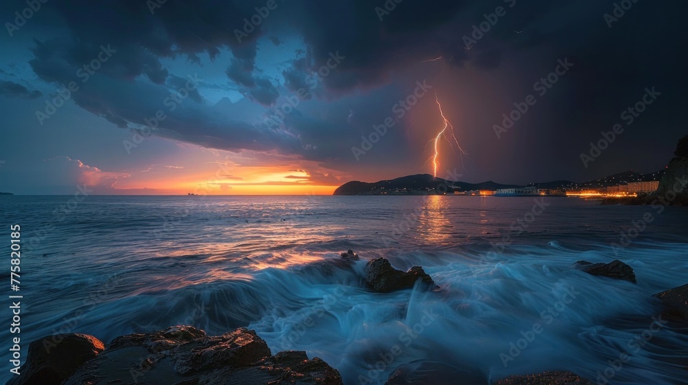 Lightning strikes in electrifying moment against dark sky. Frozen raw nature's beauty.