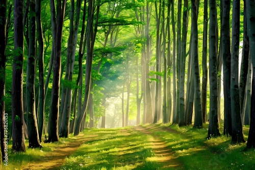 Background of dense green tree forest with beautiful sunlight penetrating the sides of green trees in a natural landscape