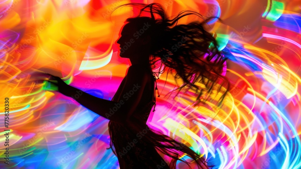 Silhouetted Dancer at Festival. Woman dances with grace amidst vibrant lights, capturing the event's euphoria.
